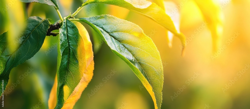 Aufkleber close-up of green leaves with yellow edges illuminated by soft sunlight with copy space for text pla