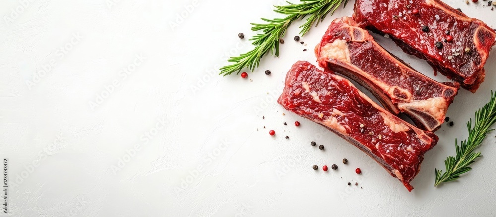 Poster raw beef ribs with herbs and spices arranged on a white background with copy space for text placemen