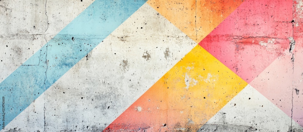 Poster colorful geometric abstract wall with diagonal patterns painted on concrete surface with copy space 