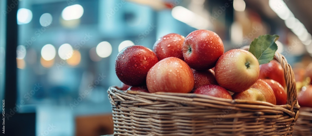Poster fresh red apples in a woven basket displayed indoors with blurred background and copy space availabl