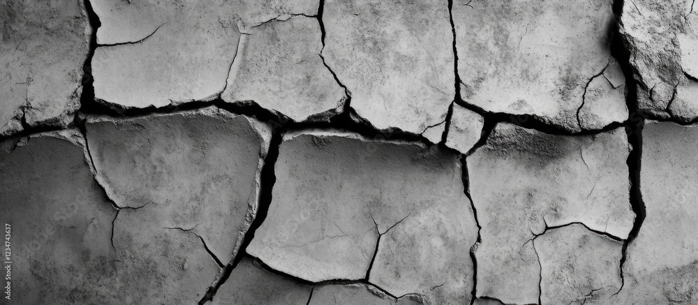 Aufkleber cracked dry soil texture in black and white with visible fissures and copy space for text placement