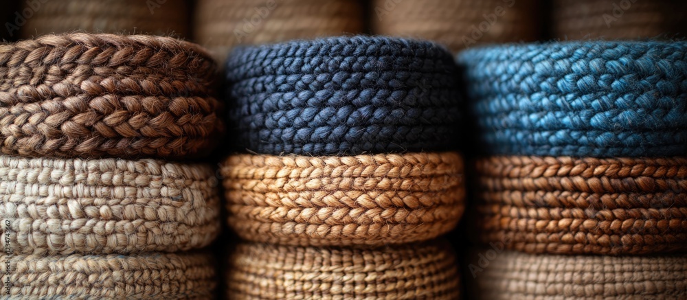 Poster textured woven baskets stacked in a close-up view showcasing various earthy tones with copy space fo