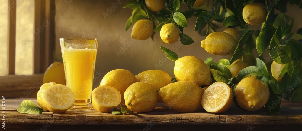 Poster fresh lemons and a glass of lemon juice on a wooden table with lemon tree branches in the background