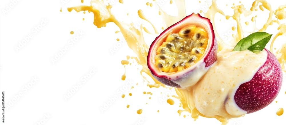 Poster passion fruit splash with juice and seeds on white background with copy space for text