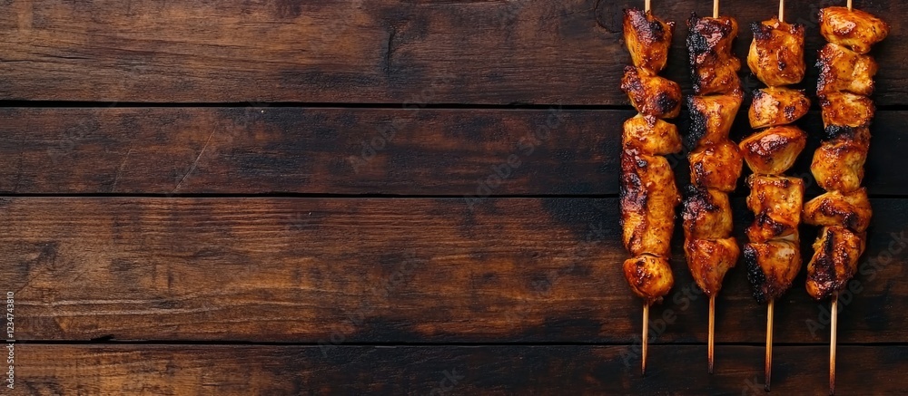 Poster grilled chicken skewers on wooden skewers over rustic wood table with copy space for text placement