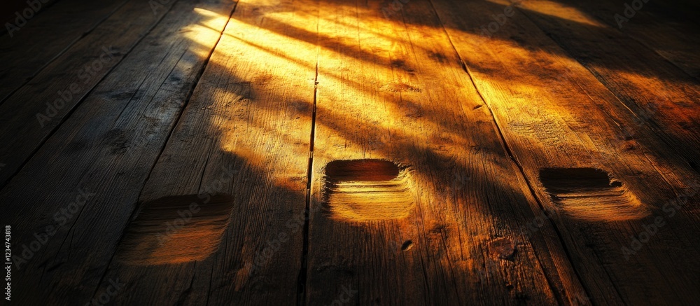 Aufkleber wooden floor with shadow patterns created by sunlight illuminating the surface copy space