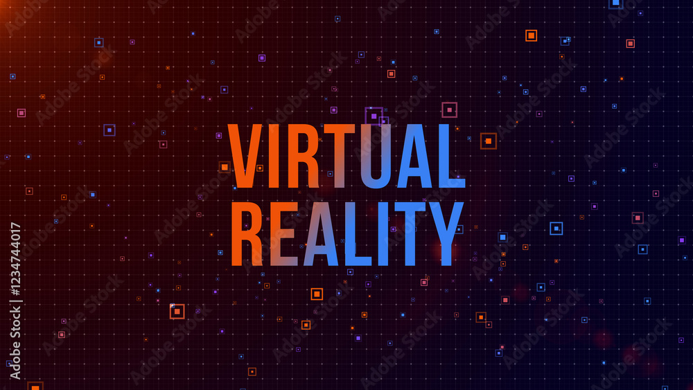Poster modern digital background featuring virtual reality text over a glowing futuristic grid with blue an