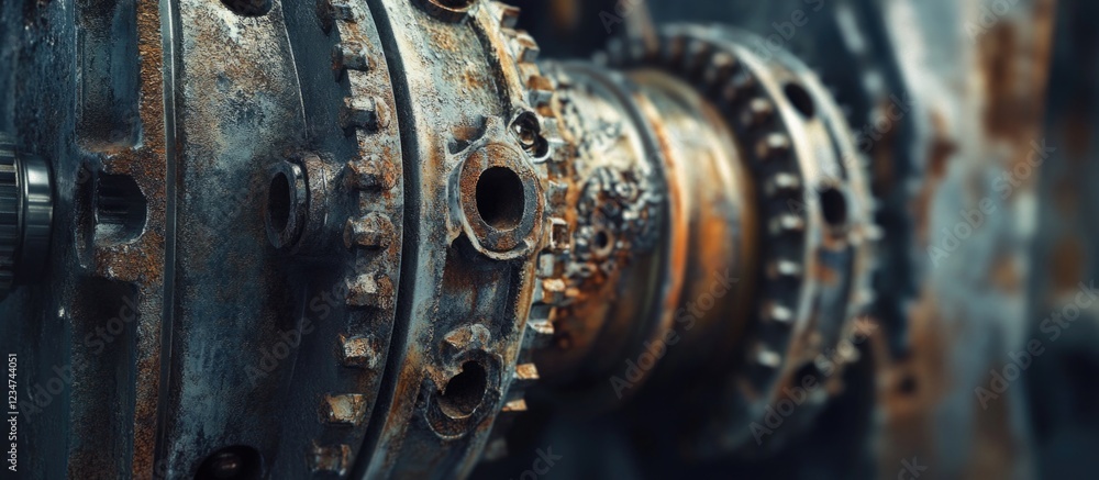 Poster rusty industrial machinery close-up with gears and cogs textures and details in background with copy