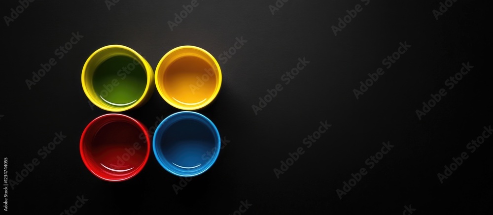 Aufkleber colorful circular containers in red yellow green and blue arranged in a geometric pattern on black b