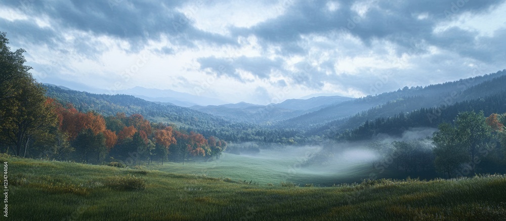 Aufkleber landscape view of rolling hills and valleys under a cloudy sky with trees and mist in the foreground