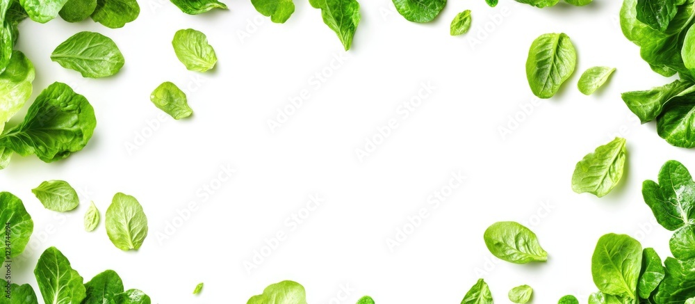 Poster fresh green lettuce leaves arranged in a circular frame with copy space for text on a white backgrou