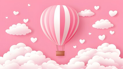Cute paper hearts, clouds, flying hot air balloon, with pink romantic background.