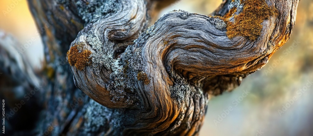 Poster close-up of an ancient twisted tree trunk with textured bark and vibrant moss in natural setting cop