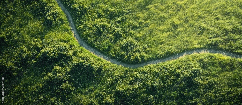 Poster aerial view of winding path through lush green grass landscape with copy space for text