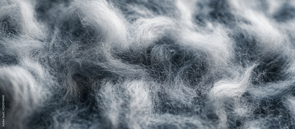 Poster textured close-up of soft white and gray wool fibers on a dark background with copy space for design