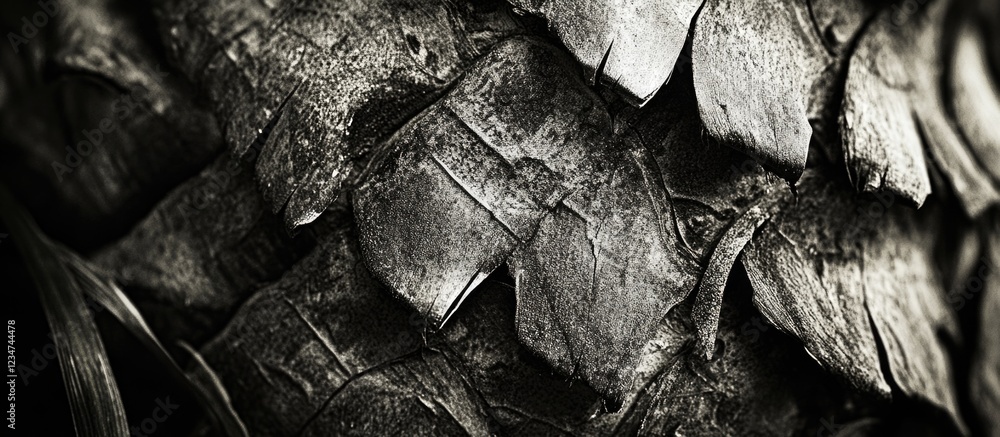 Poster close-up of textured black and white bark surface with intricate details and shadows copy space