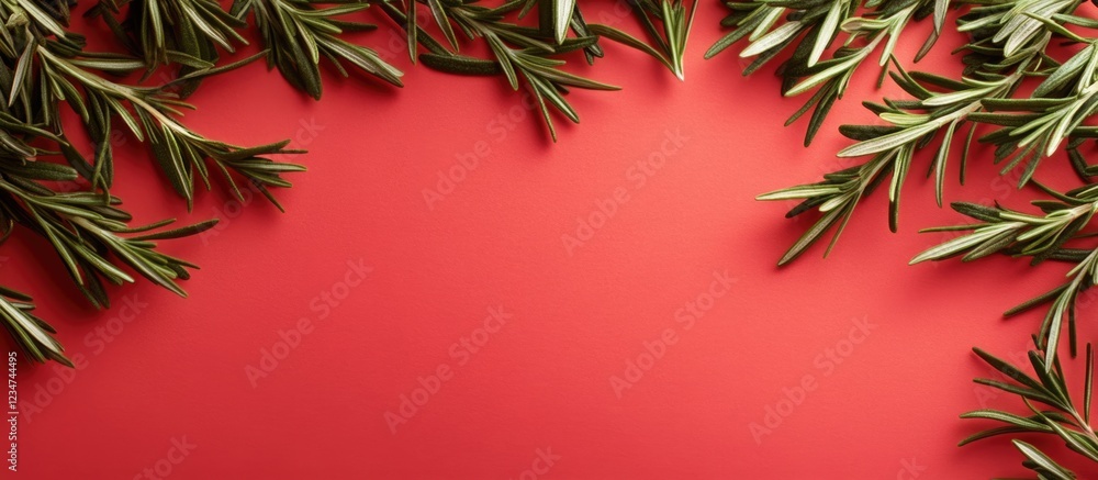 Poster fresh rosemary sprigs arranged on a red background with empty copy space for text or graphic design 