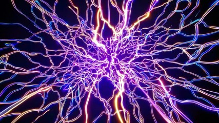 Electric energy burst with dynamic glowing light trails on dark background, concept of power and technology