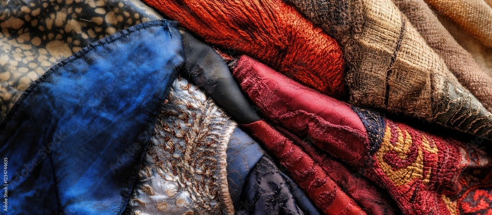 Aufkleber colorful textured fabric patterns in a layered arrangement with varying designs and hues copy space