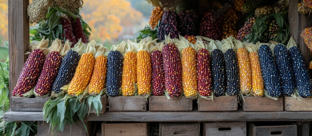Aufkleber colorful display of fresh heirloom corn varieties arranged on wooden crates with blurred autumn foli