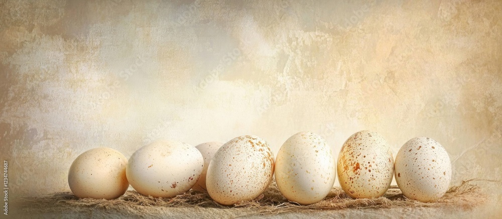 Poster collection of various eggs arranged in a row on a textured background with soft colors and copy spac