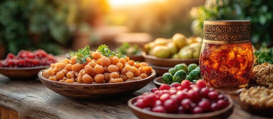 Fresh fruits and preserves in rustic wooden bowls on a table with sunlit garden background Copy Space