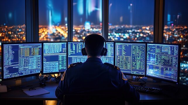 A security guard in uniform is sitting at multiple computer screens, observing the data on the screens with focused attention and wearing headphones