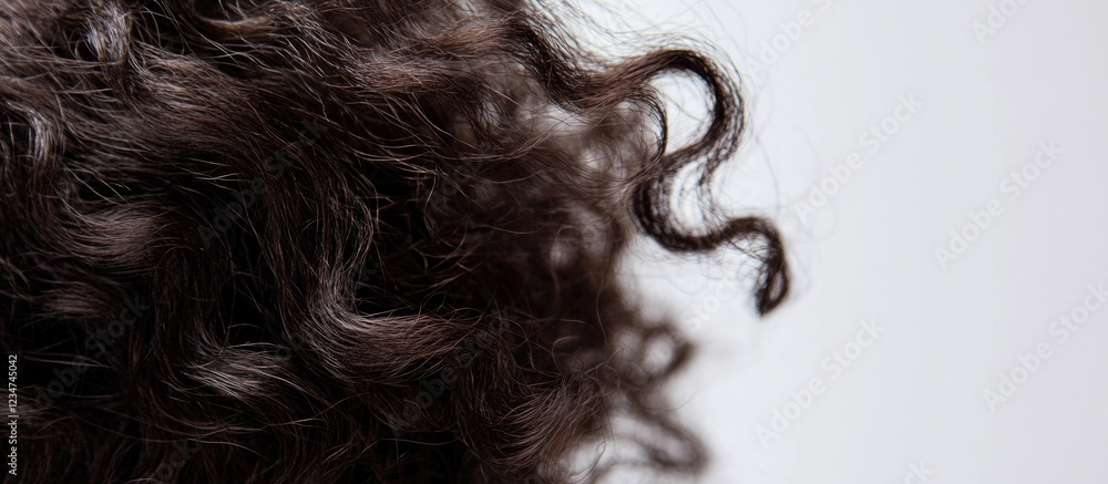 Poster close-up of curly dark hair texture with a prominent curl isolated on light background copy space