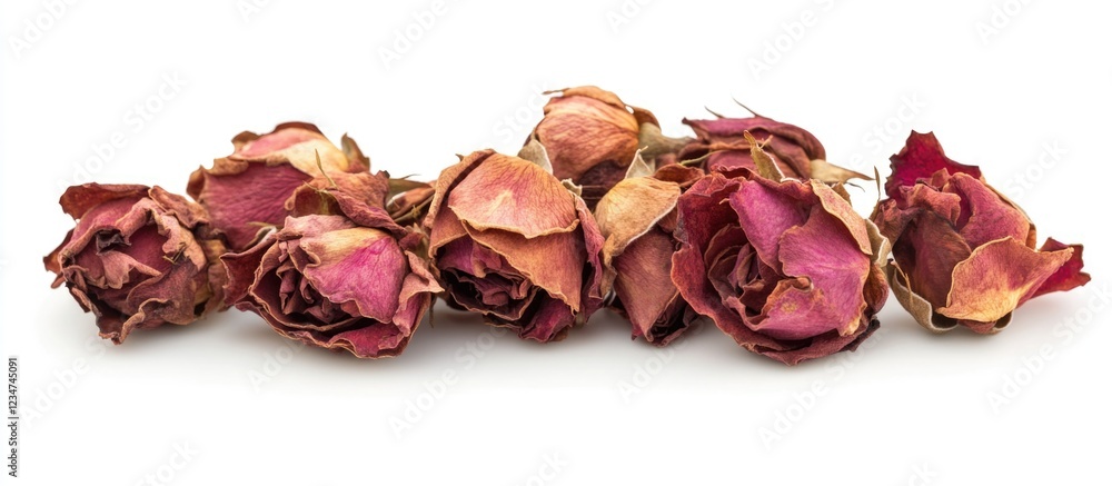 Poster dried roses arranged in a row on a white background with copy space for text placement