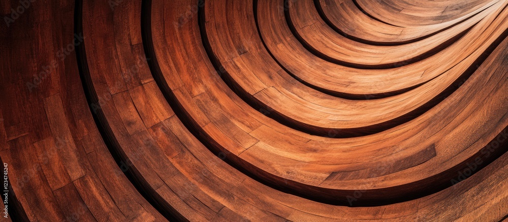 Poster wooden circular patterns in curved layers showcasing rich texture and warm brown tones with copy spa