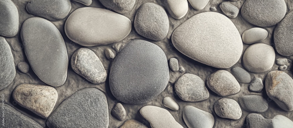 Poster smooth river stones texture background in various shapes and sizes with neutral color tones and natu