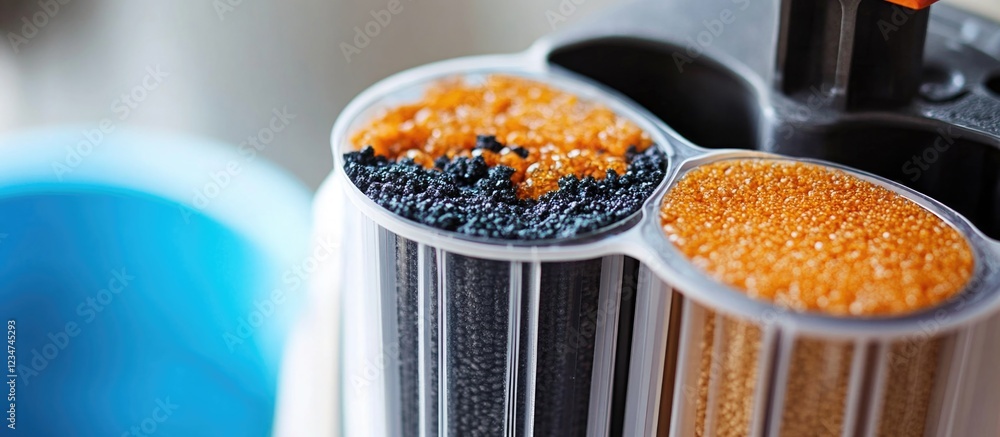 Poster close-up view of colorful layered granules in a transparent container with copy space for text usage