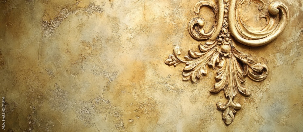 Poster elegant gold textured wall background with ornate design elements and copy space for text placement.