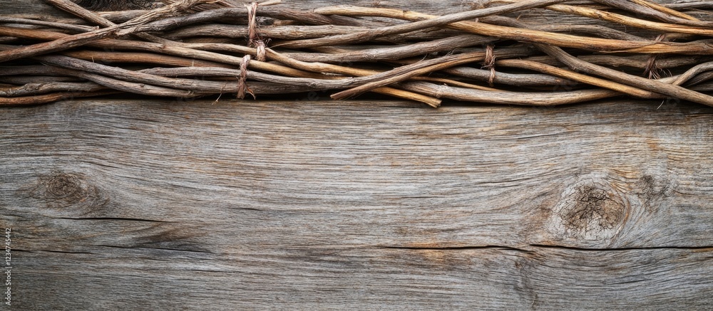 Aufkleber natural wooden texture background with woven branches at the top and ample copy space for text or de