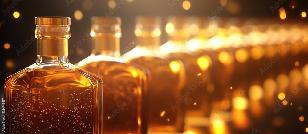 Aufkleber glass bottles of amber liquid lined up with warm bokeh lights in the background copy space