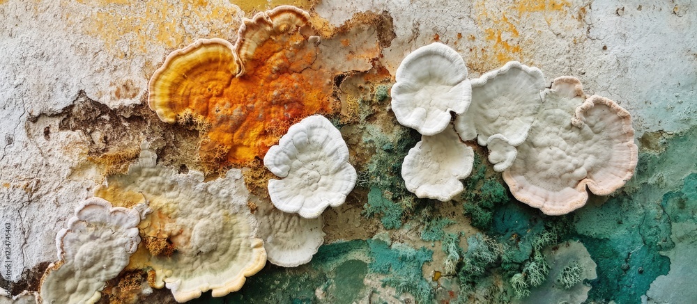 Poster multi-colored fungal growth on textured surface with natural patterns and copy space for text placem
