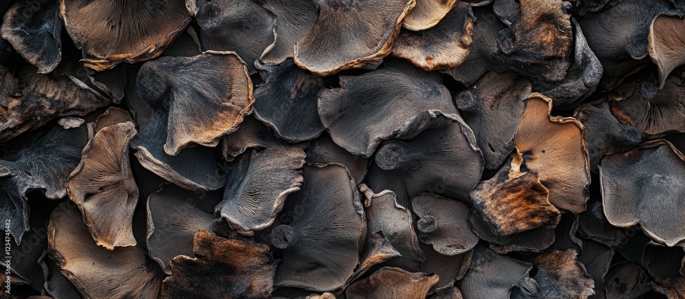 Poster textured close-up of dark and light mushroom caps arranged in a layered pattern with copy space