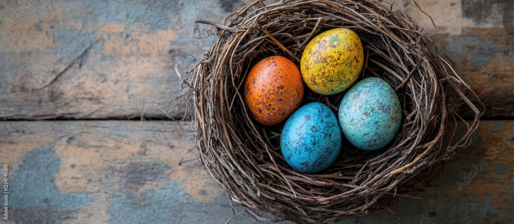 Poster colorful easter eggs in a rustic nest on a wooden background with copy space for text placement