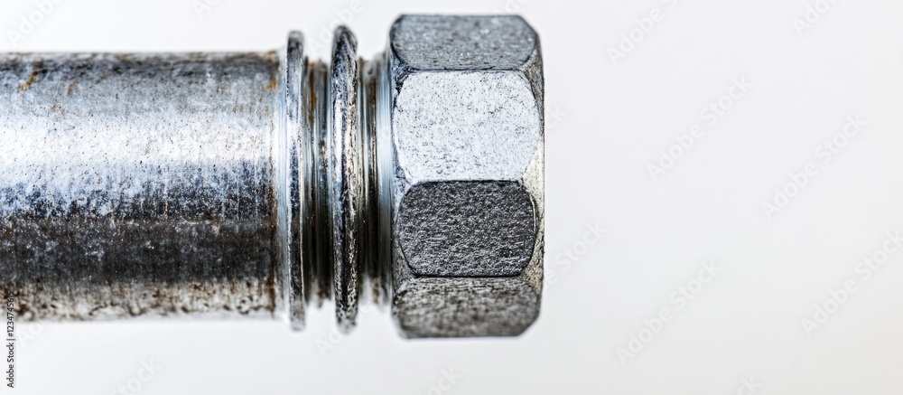 Poster metal bolt with hexagonal nut on a white background with copy space for text placement