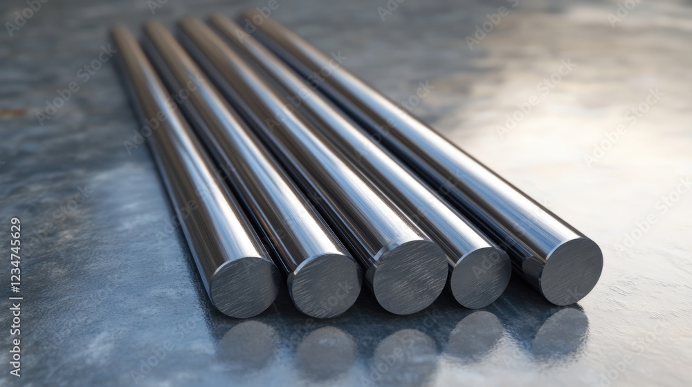 Poster close-up of polished metal rods arranged in parallel on a steel surface with copy space for text pla