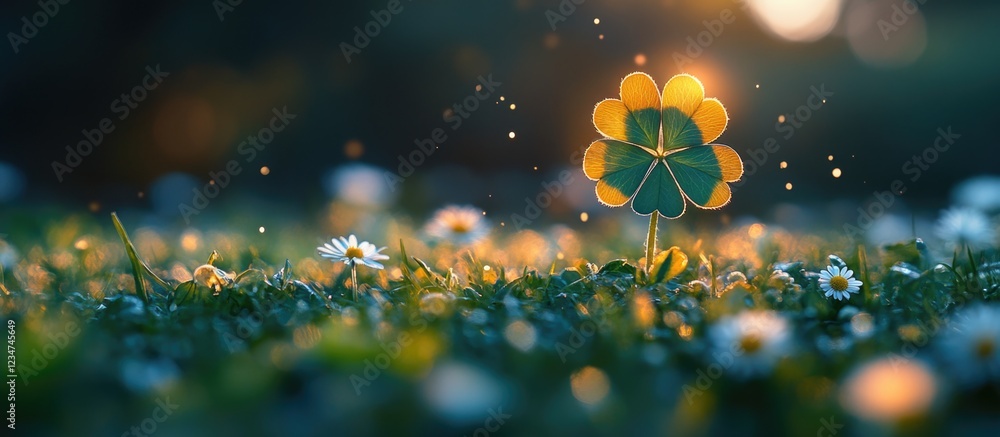 Poster close-up of a flower with blurred background and water droplets on petals, featuring a clover-like d