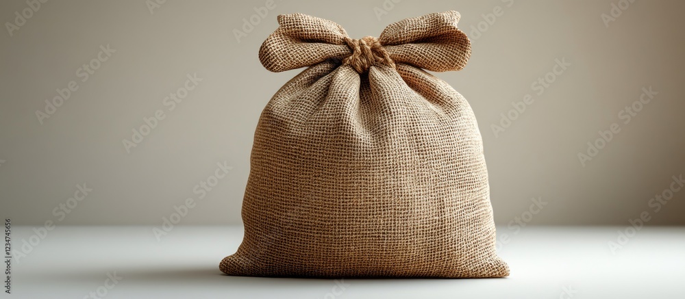 Poster sack made of burlap fabric tied with a bow on top, isolated on a neutral background with copy space 