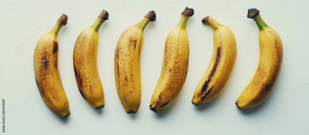 Poster fresh and ripe yellow bananas arranged in a row on a light background with copy space for text place