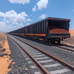 Obraz premium Long Freight Train with Open Cargo in Desert Landscape under Blue Sky with White Clouds, Transporting Red Ore on Railway Tracks through Arid, Rocky Desert
