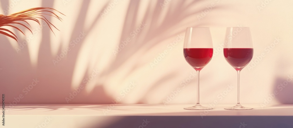 Poster two wine glasses filled with red wine on a table with soft shadows and a plant in the background, co