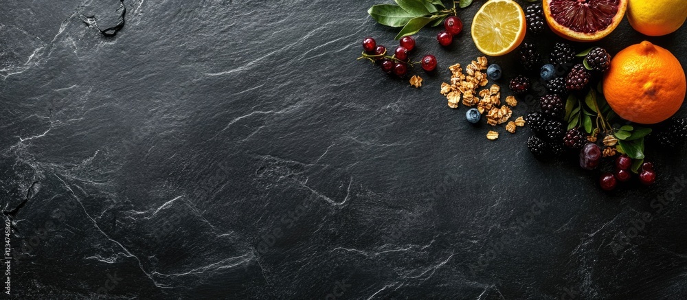 Aufkleber fresh fruits and nuts arranged on a dark slate stone background with copy space for text placement
