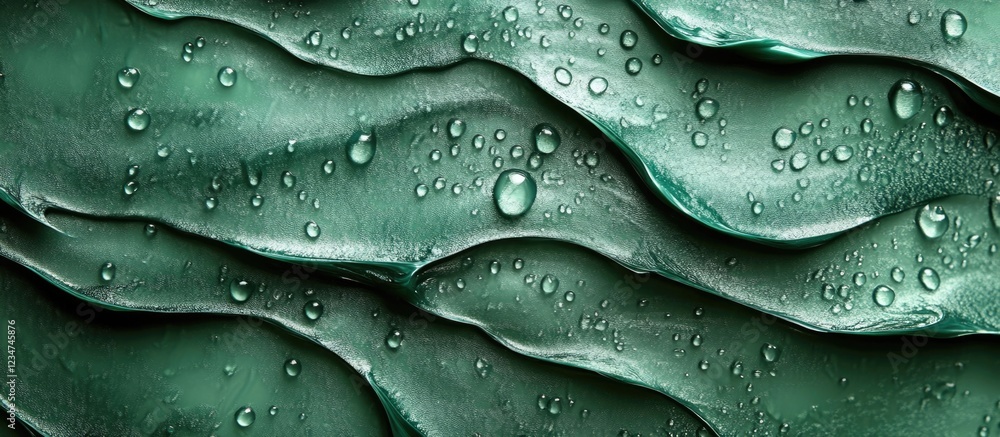 Poster green textured surface with water droplets and copy space for text placement.