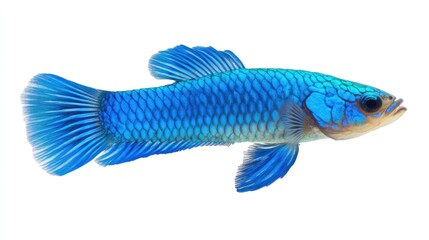 Blue aquarium fish with vibrant scales swimming against a white background with Copy Space for text placement