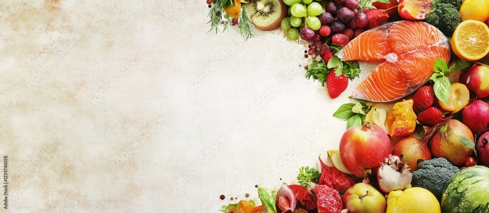 Aufkleber fresh fruits and vegetables arrangement with salmon fillet on textured background with copy space fo