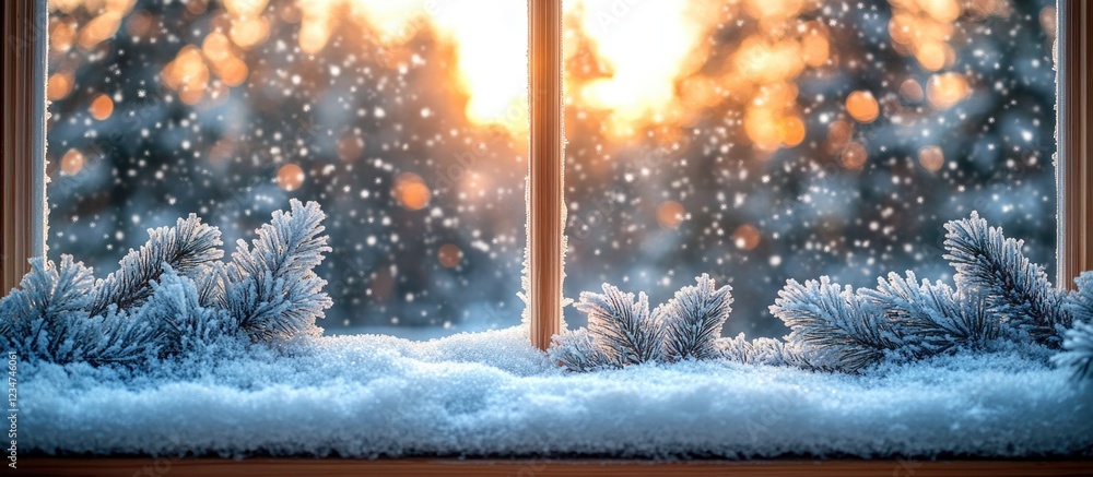 Poster frosty window with snow-covered sill and blurred winter landscape background during sunset with soft